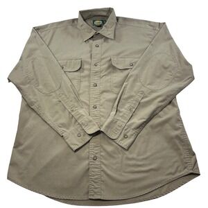 Cabela's Mens LS Button Up Shirt Khaki Twill Elbow Patch Size L Reg Outdoor